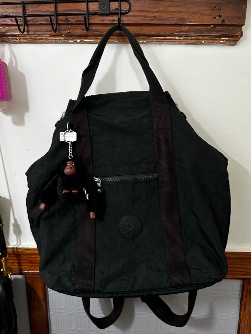 Kipling Black Nylon Convertible Tote-Backpack with Monkey Key Charm